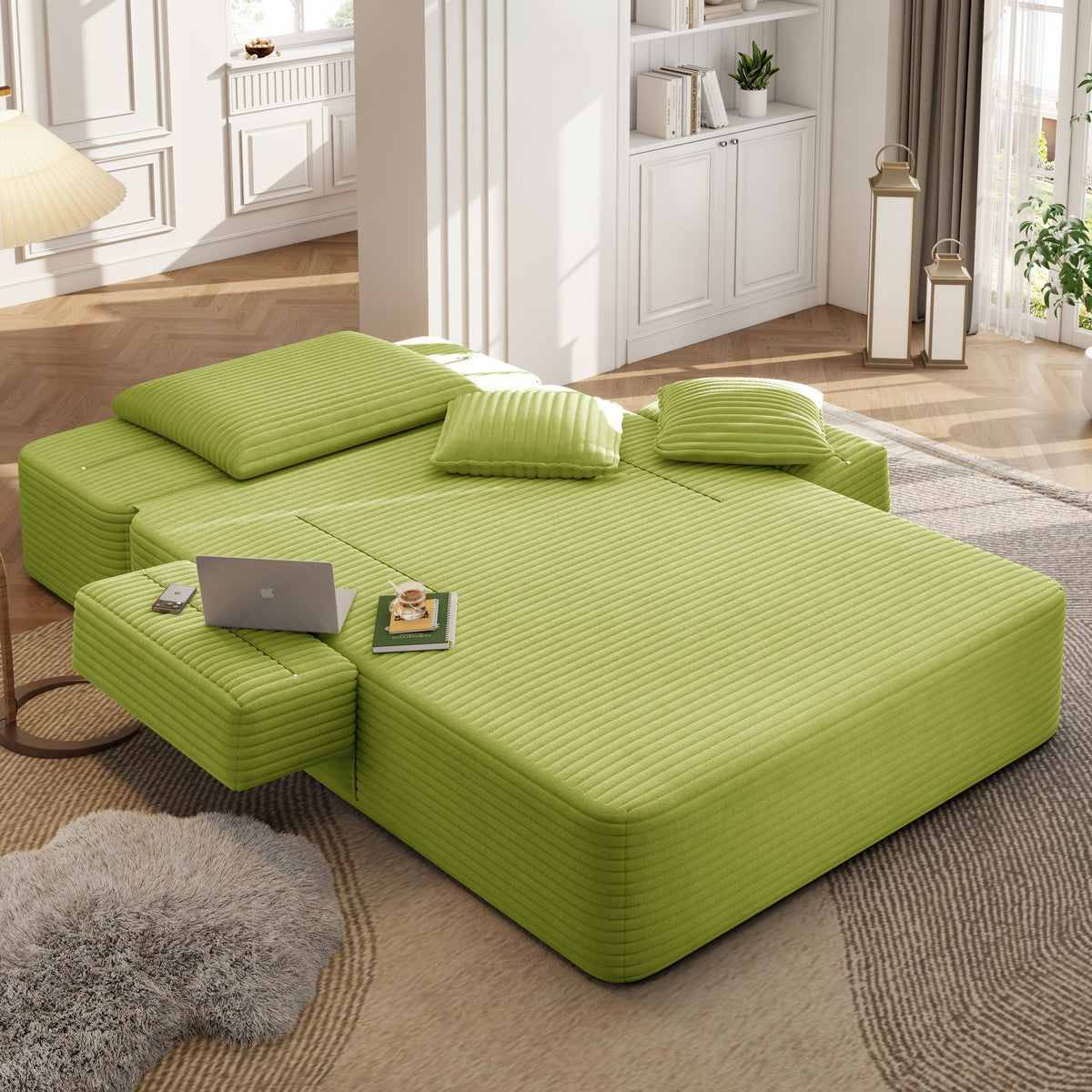 Green fabric boneless couch, 1 piece, seen across the room — Green / 1 Piece
