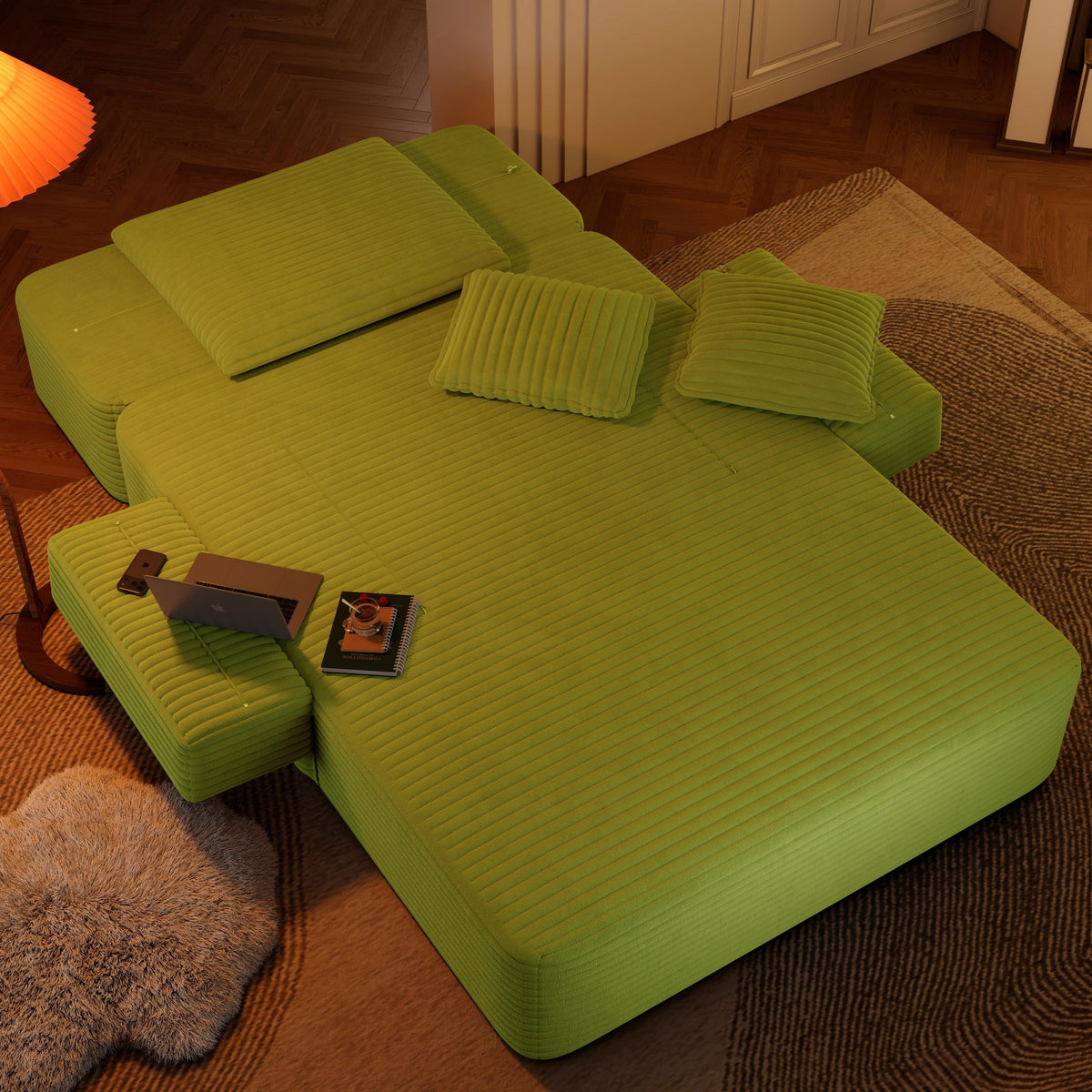 Green fabric boneless couch, 1 piece, in a bright living room setting — Green / 1 Piece
