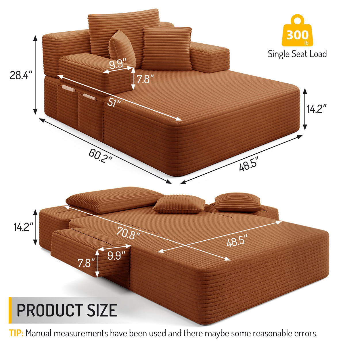 Measurements for the 1 piece fabric boneless couch — Orange / 1 Piece