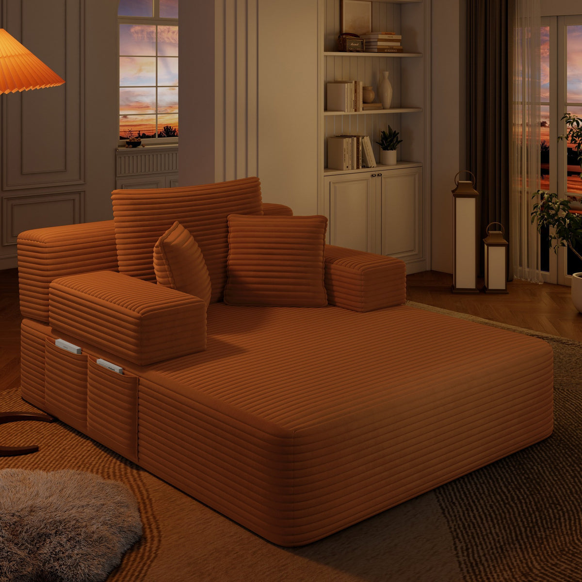 Orange fabric boneless couch, 1 piece, shown in a furnished room set — Orange / 1 Piece