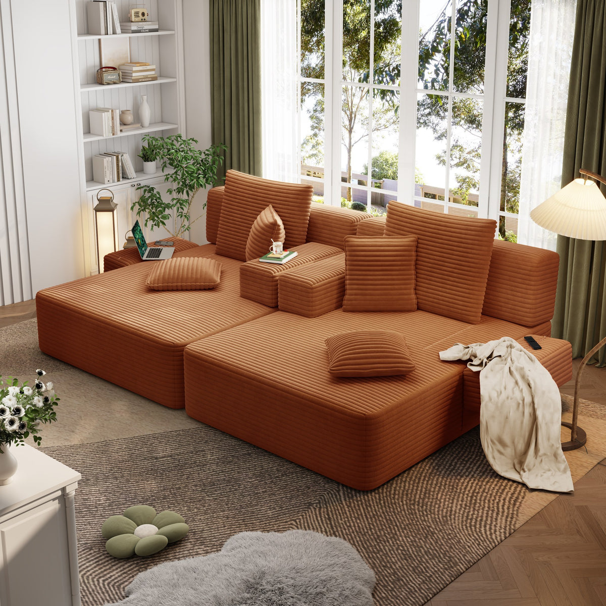 Orange fabric boneless couch, 1 piece, seen across the room — Orange / 1 Piece