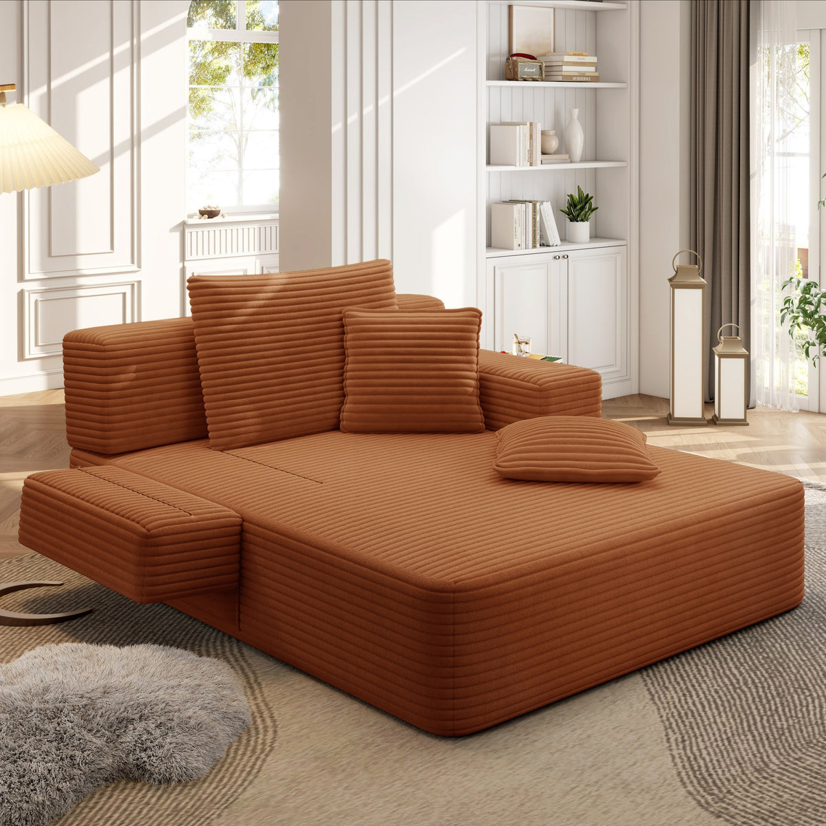 Orange fabric boneless couch, 1 piece, in a bright living room setting — Orange / 1 Piece