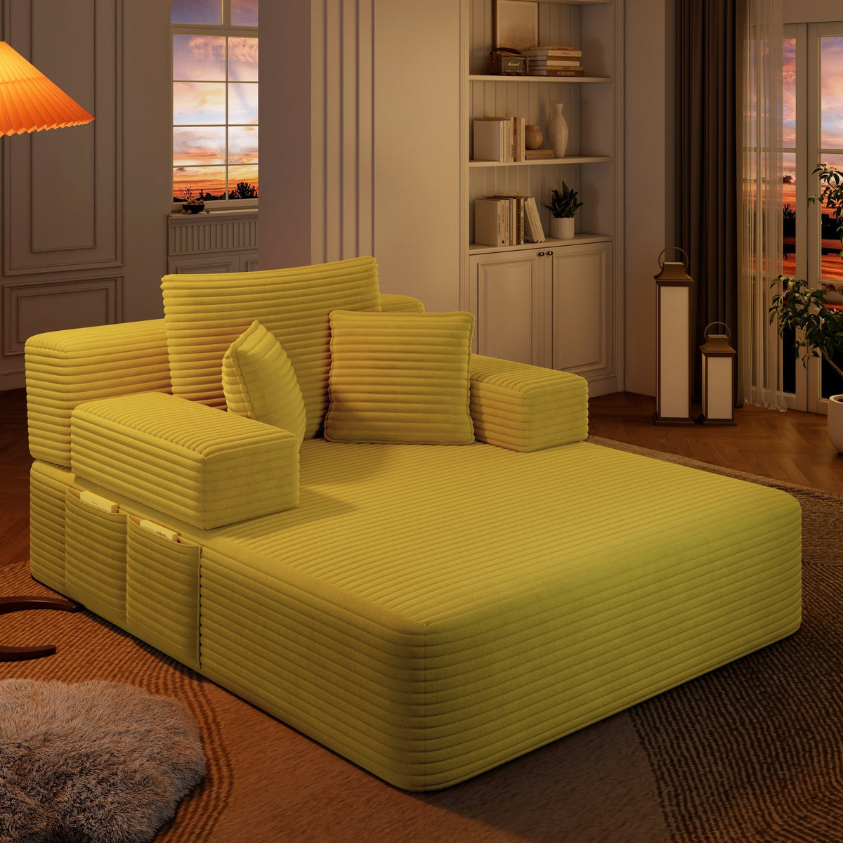 Yellow fabric boneless couch, 1 piece, shown in a furnished room set — Yellow / 1 Piece
