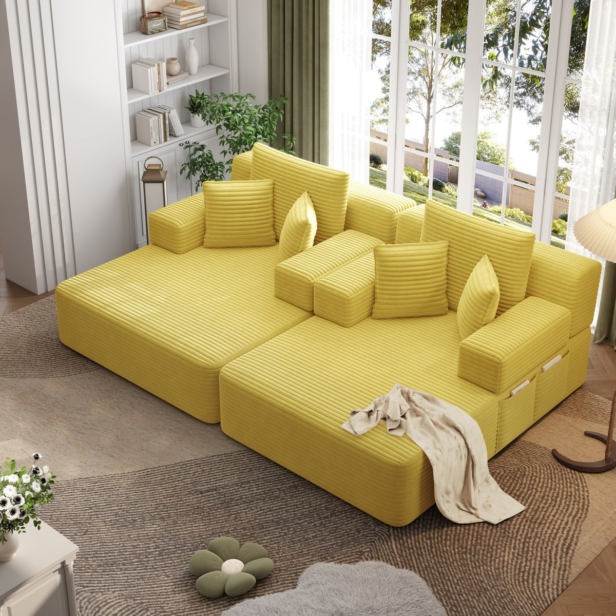 Yellow fabric boneless couch, 1 piece, seen across the room — Yellow / 1 Piece