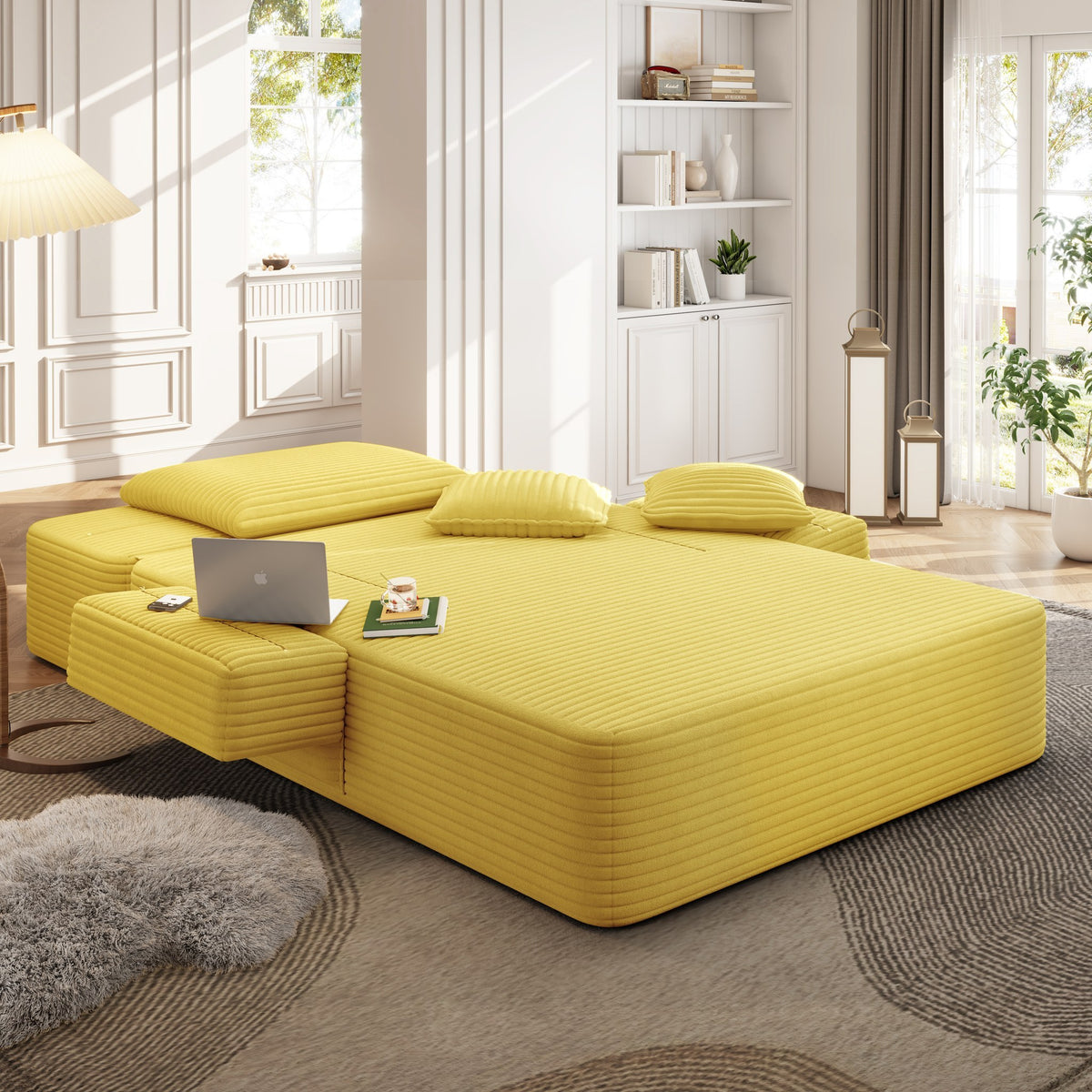 Yellow fabric boneless couch, 1 piece, in a bright living room setting — Yellow / 1 Piece