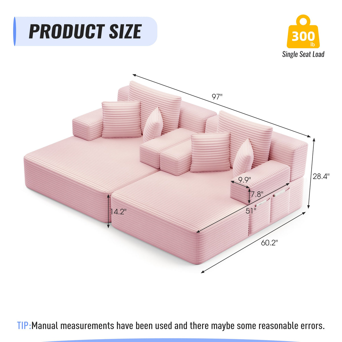 Measurements for the 2 piece fabric boneless couch — Baby Pink / 2 Piece