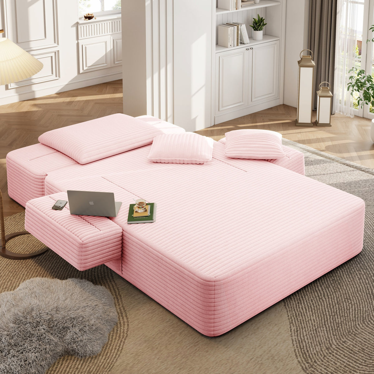 Baby Pink fabric boneless couch, 2 piece, in a bright living room setting — Baby Pink / 2 Piece