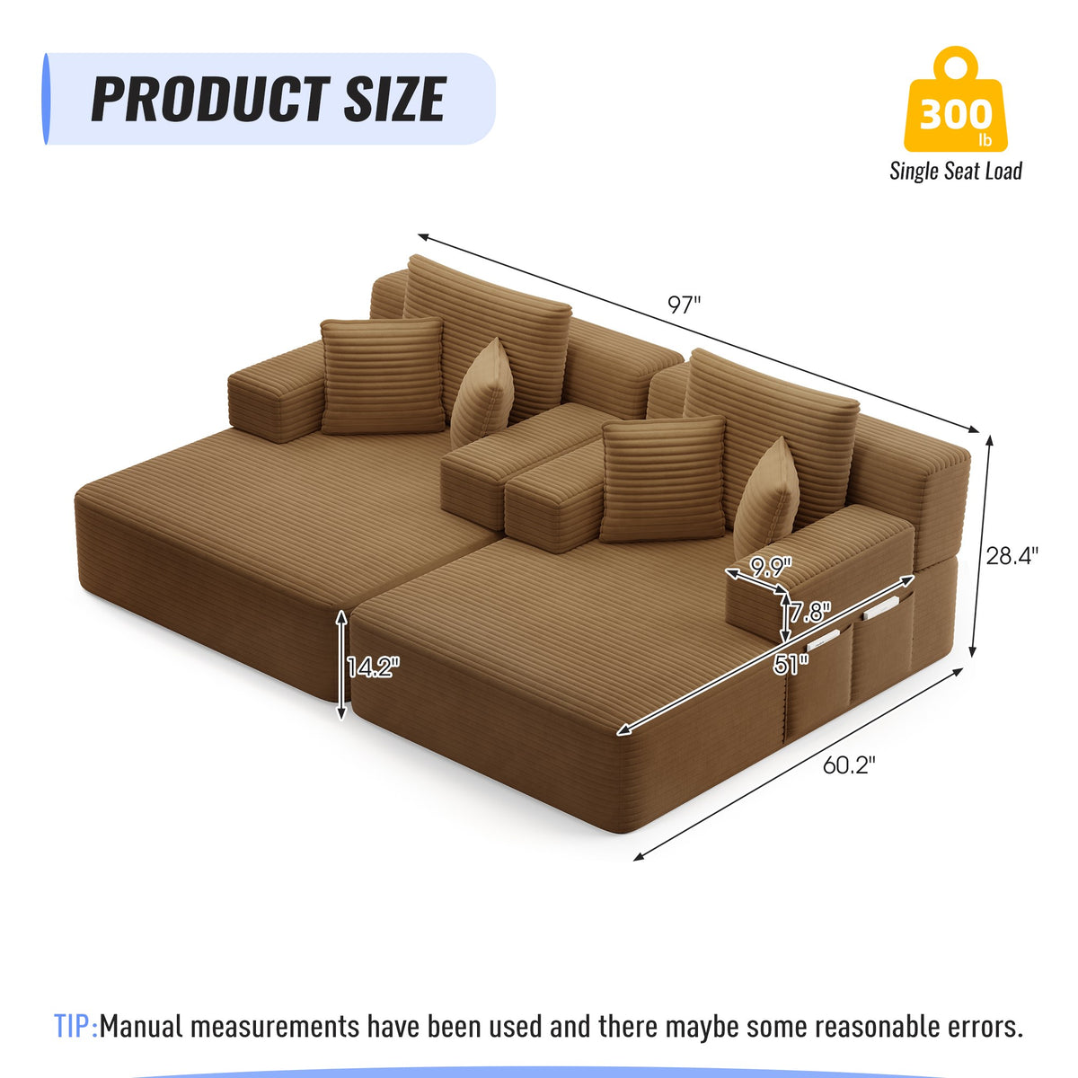 Measurements for the 2 piece fabric boneless couch — Camel / 2 Piece