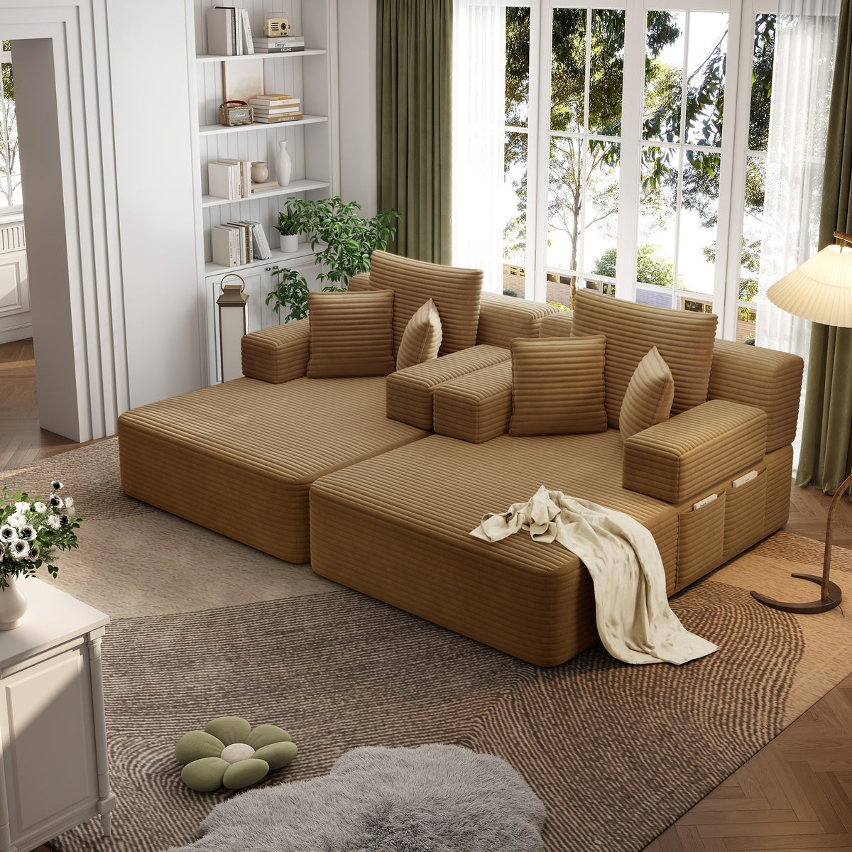 Camel fabric boneless couch, 2 piece, shown in a furnished room set — Camel / 2 Piece