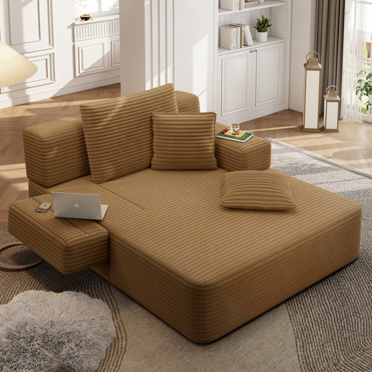 Camel fabric boneless couch, 2 piece, seen across the room — Camel / 2 Piece