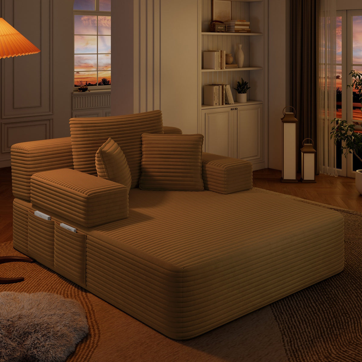 Camel fabric boneless couch, 2 piece, in a bright living room setting — Camel / 2 Piece
