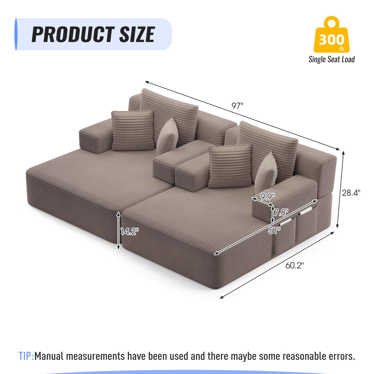 Measurements for the 2 piece fabric boneless couch — Coffee / 2 Piece
