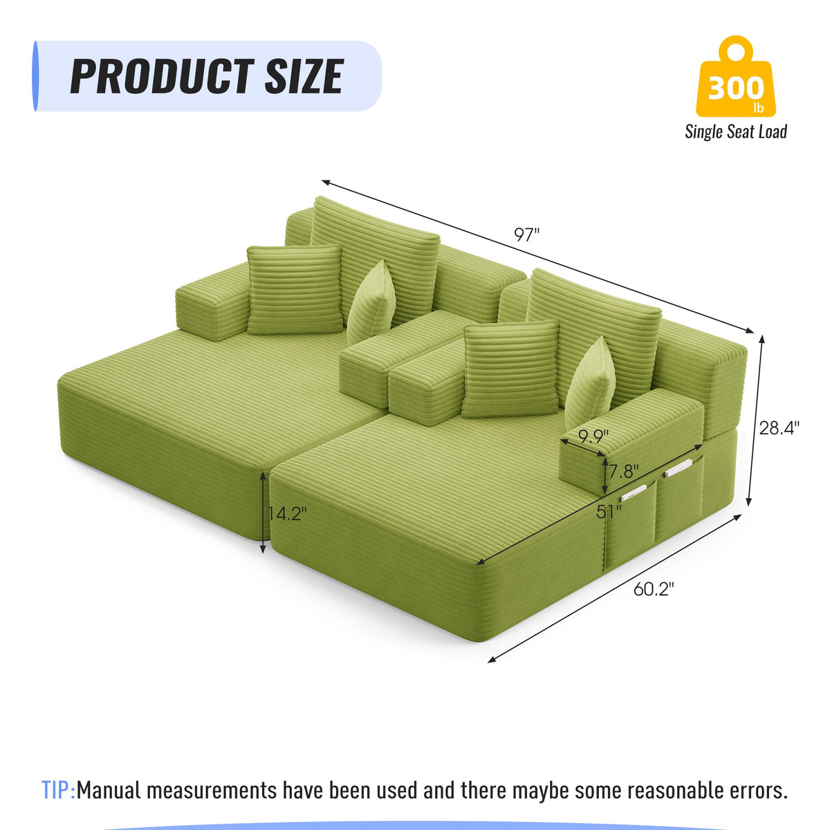 Measurements for the 2 piece fabric boneless couch — Green / 2 Piece