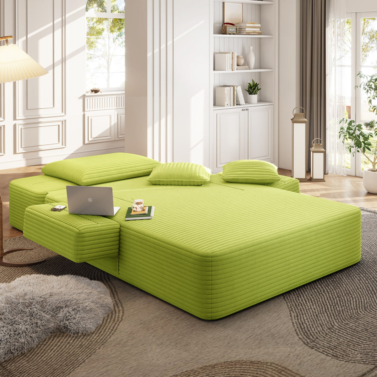 Green fabric boneless couch, 2 piece, shown in a furnished room set — Green / 2 Piece