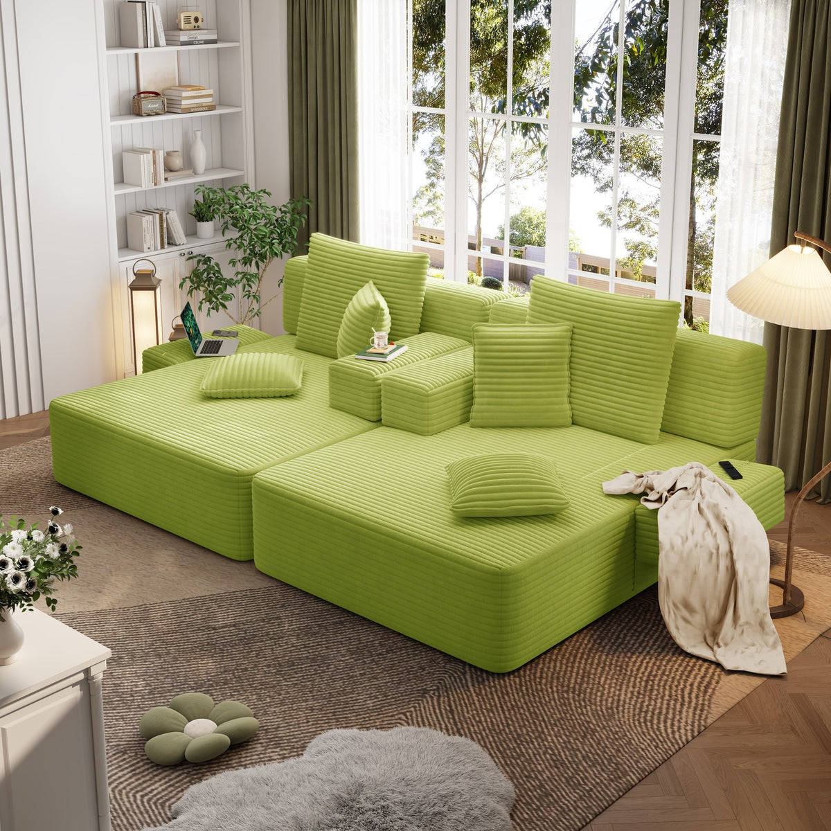Green fabric boneless couch, 2 piece, seen across the room — Green / 2 Piece