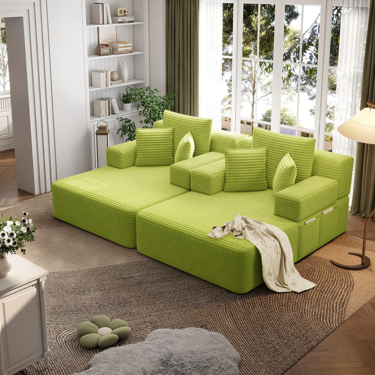 Green fabric boneless couch, 2 piece, in a bright living room setting — Green / 2 Piece