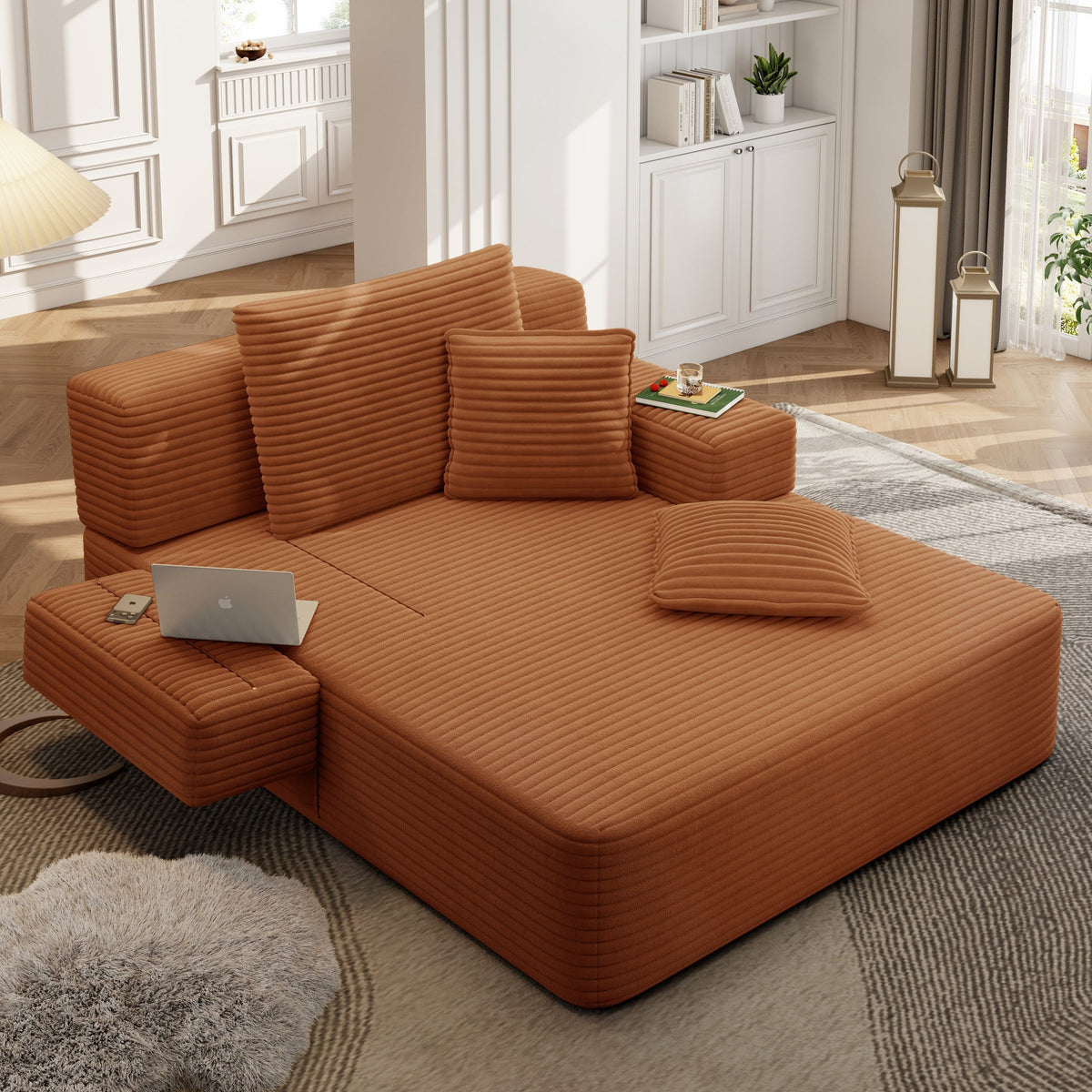 Orange fabric boneless couch, 2 piece, shown in a furnished room set — Orange / 2 Piece