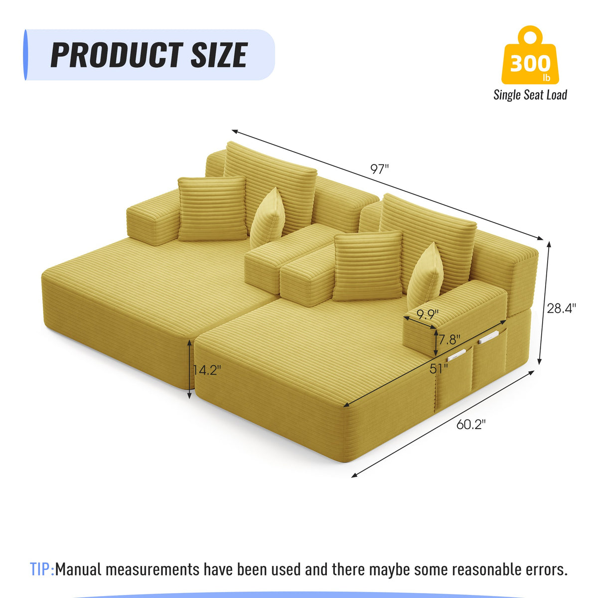 Measurements for the 2 piece fabric boneless couch — Yellow / 2 Piece