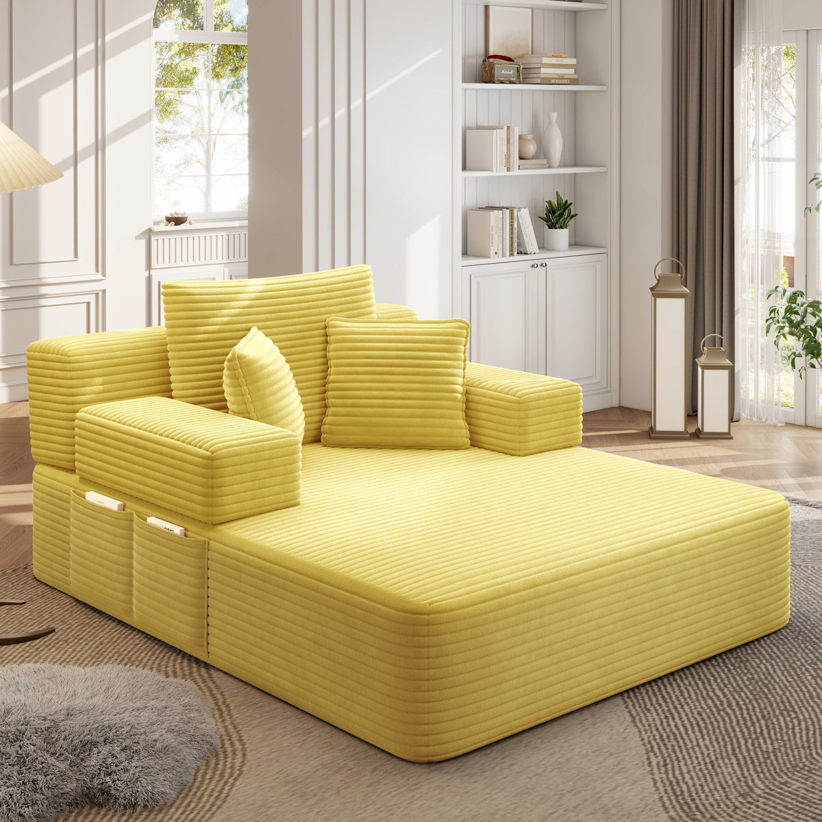 Yellow fabric boneless couch, 2 piece, shown in a furnished room set — Yellow / 2 Piece