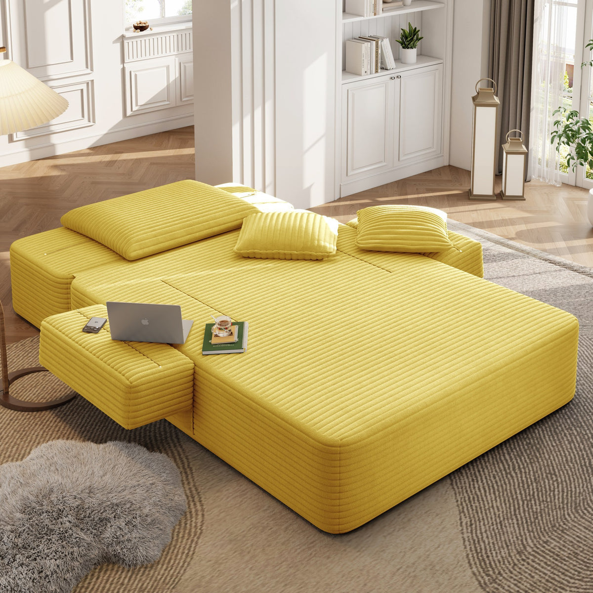Yellow fabric boneless couch, 2 piece, in a bright living room setting — Yellow / 2 Piece