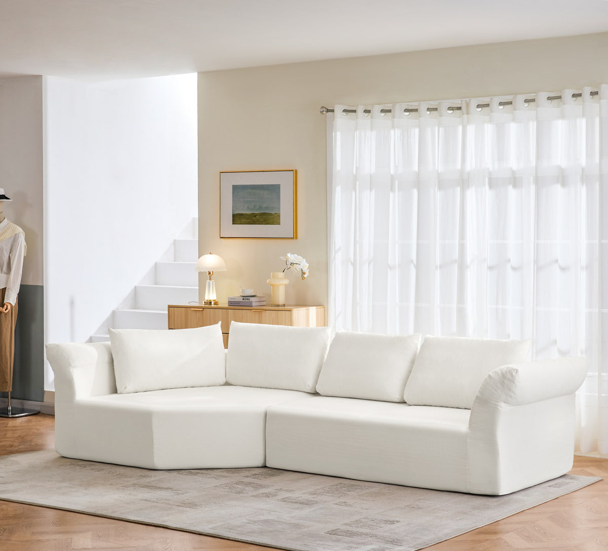Fabric Boneless Couch — 4-Seat — Beige