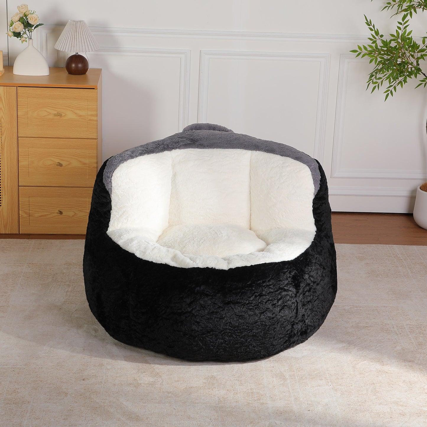 Black faux fur boneless accent chair (black, grey and cream) in a bedroom corner, 45-degree view — Black