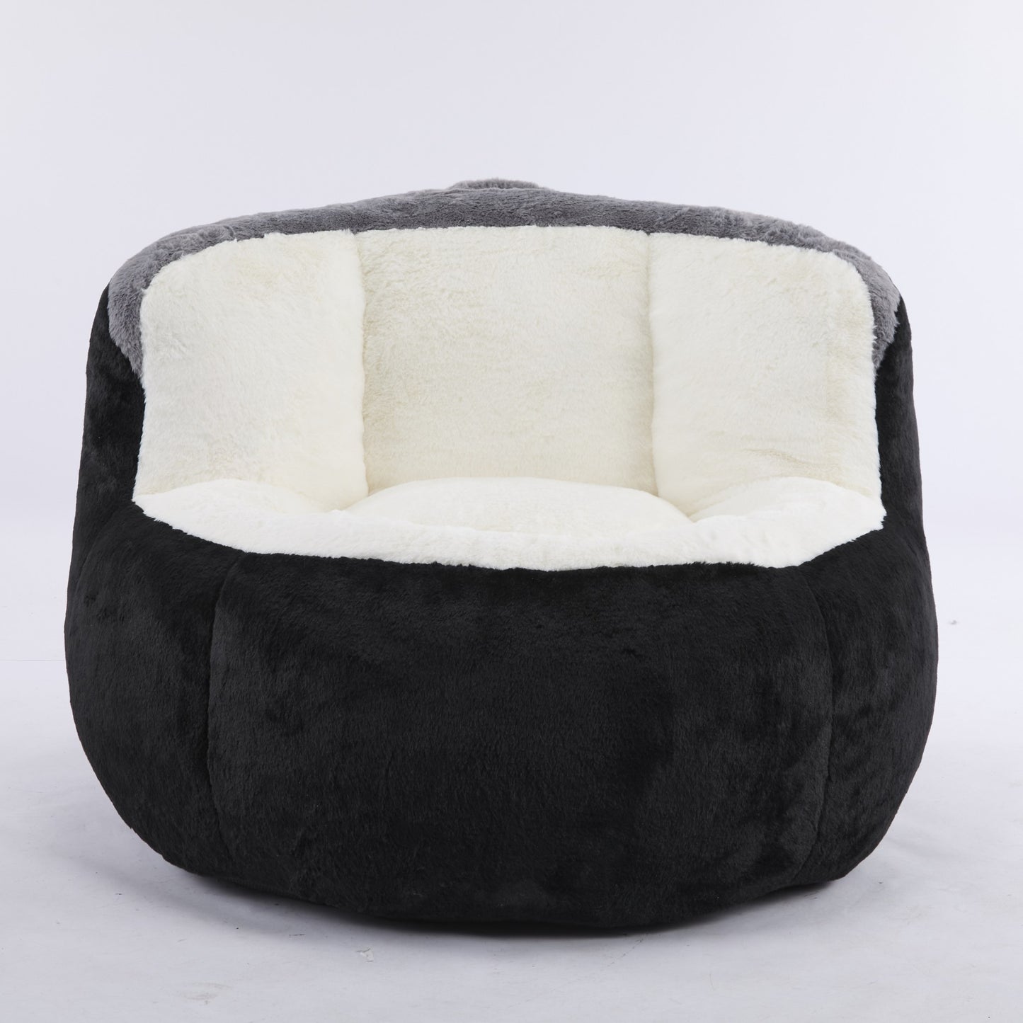 Black faux fur boneless accent chair, front view on a white studio background — Black