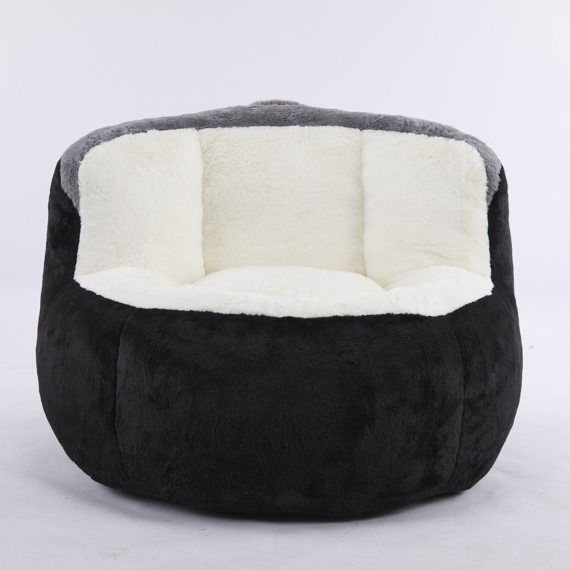 Black faux fur boneless accent chair, front view on a white studio background — Black