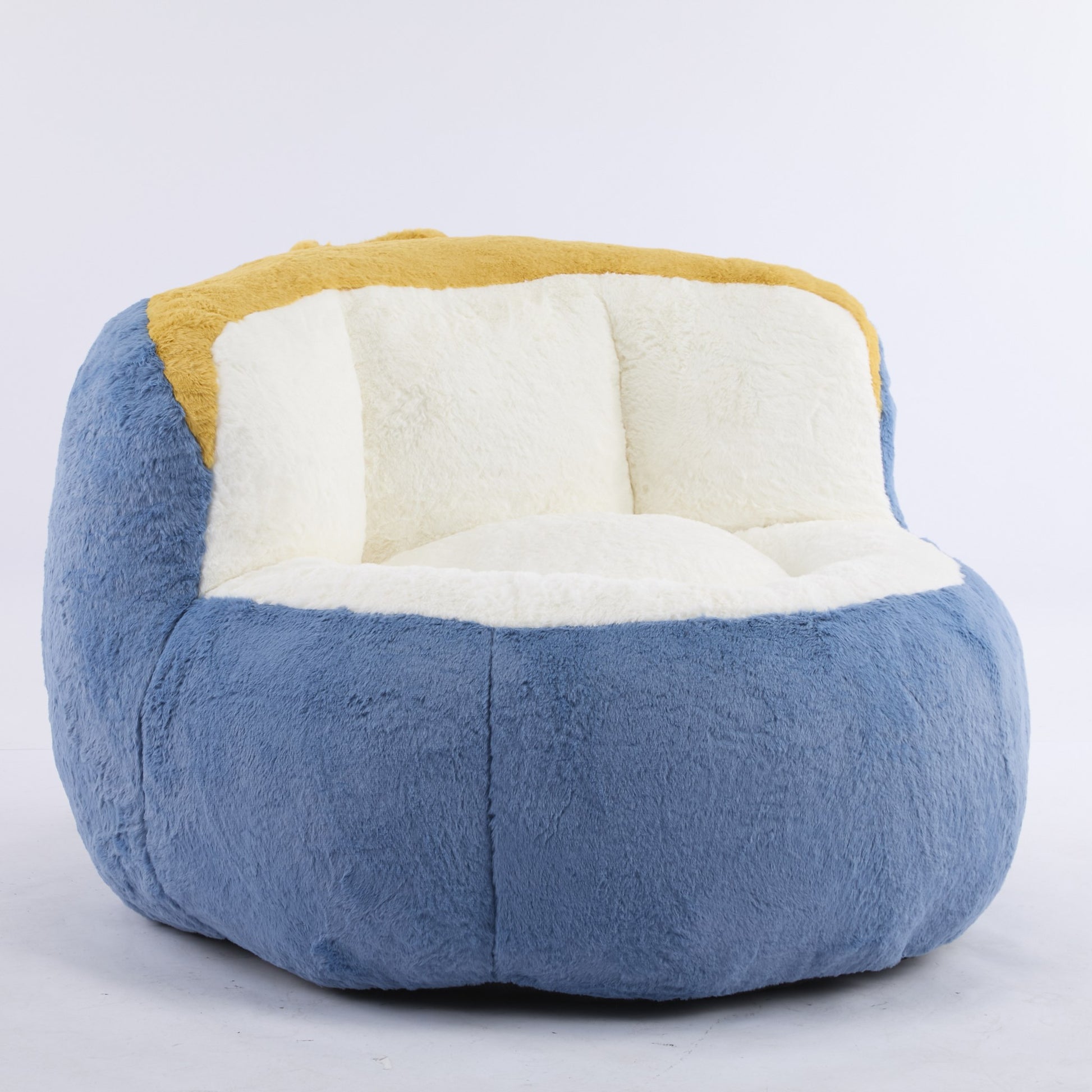 Blue faux fur boneless accent chair at 45 degrees, full body with the scooped seat and bolster back — Blue
