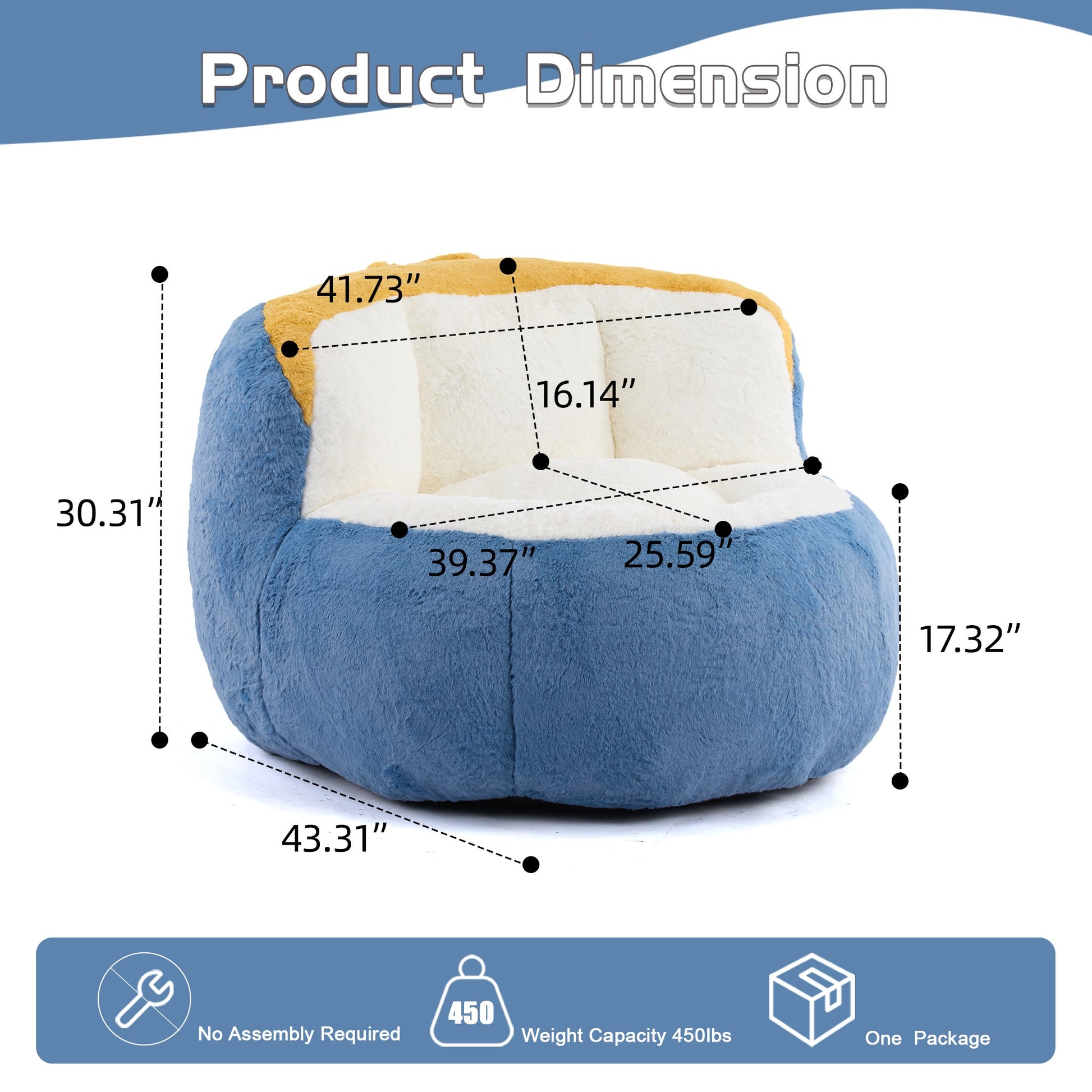 Dimensions: 43.31 in wide, 39.37 in deep, 30.31 in high, 17.32 in seat height, 25.59 in seat depth — Blue