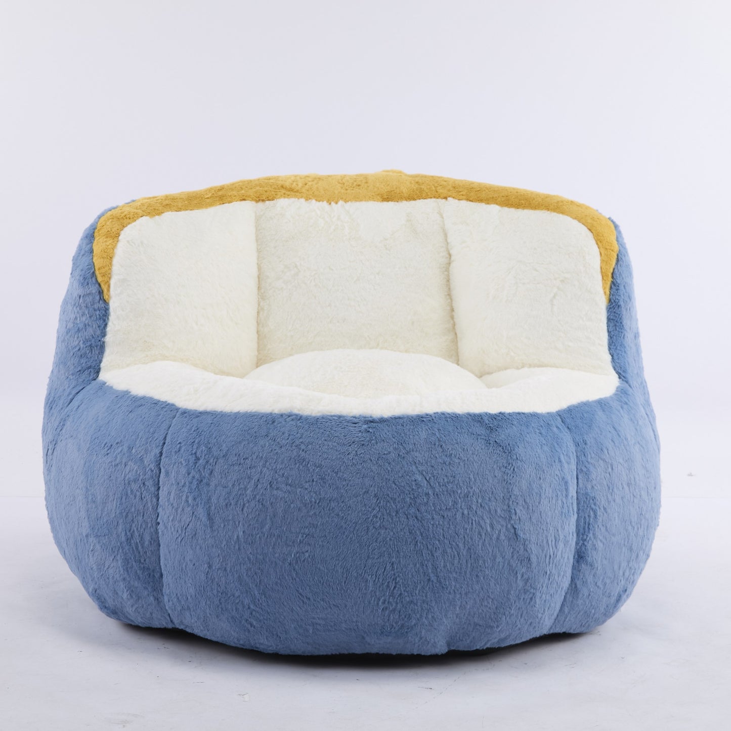 Blue faux fur boneless accent chair, front view on a white studio background — Blue