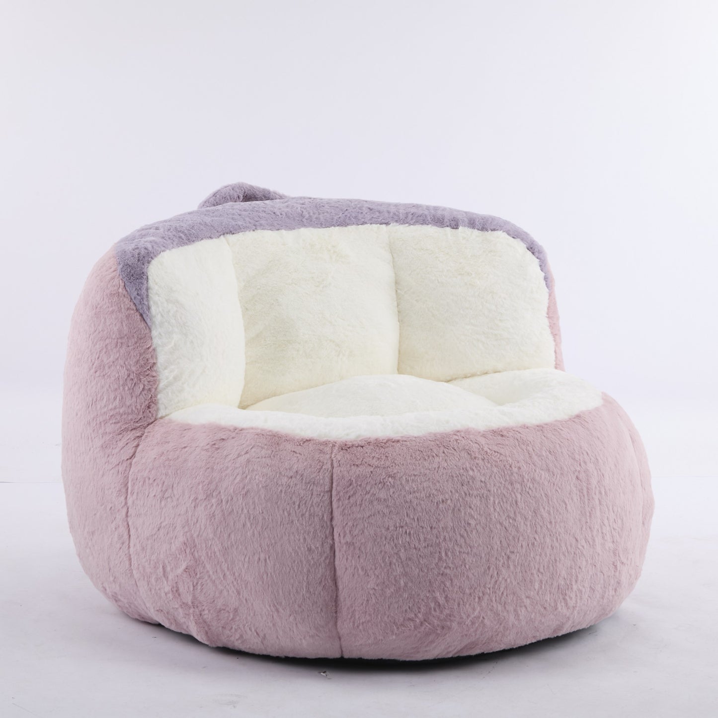 Pink faux fur boneless accent chair at 45 degrees, full body with the scooped seat and bolster back — Pink