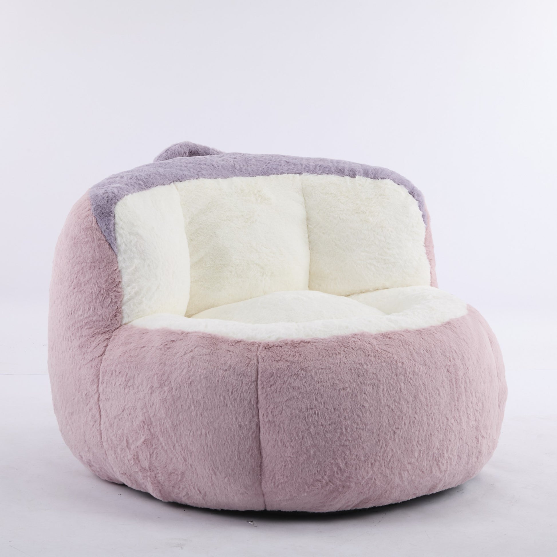 Pink faux fur boneless accent chair at 45 degrees, full body with the scooped seat and bolster back — Pink