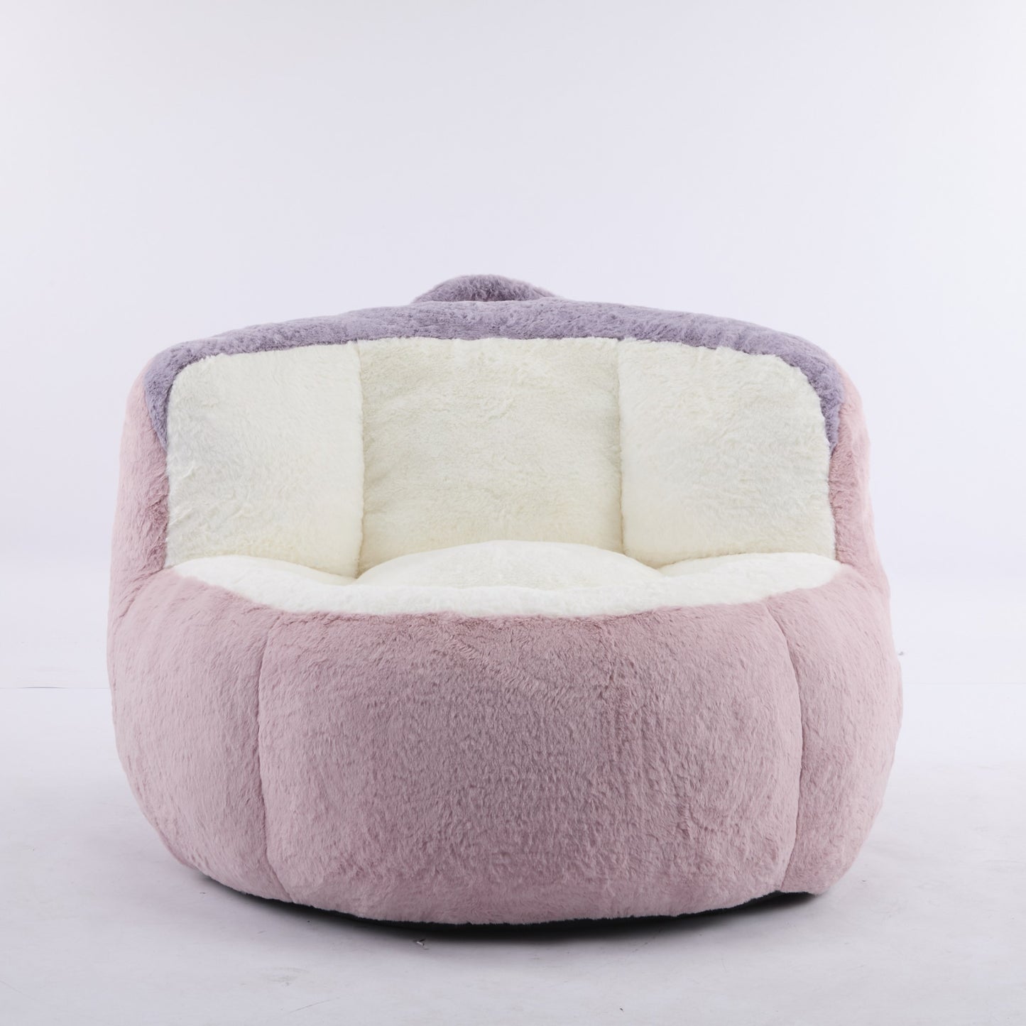 Pink faux fur boneless accent chair, front view on a white studio background — Pink