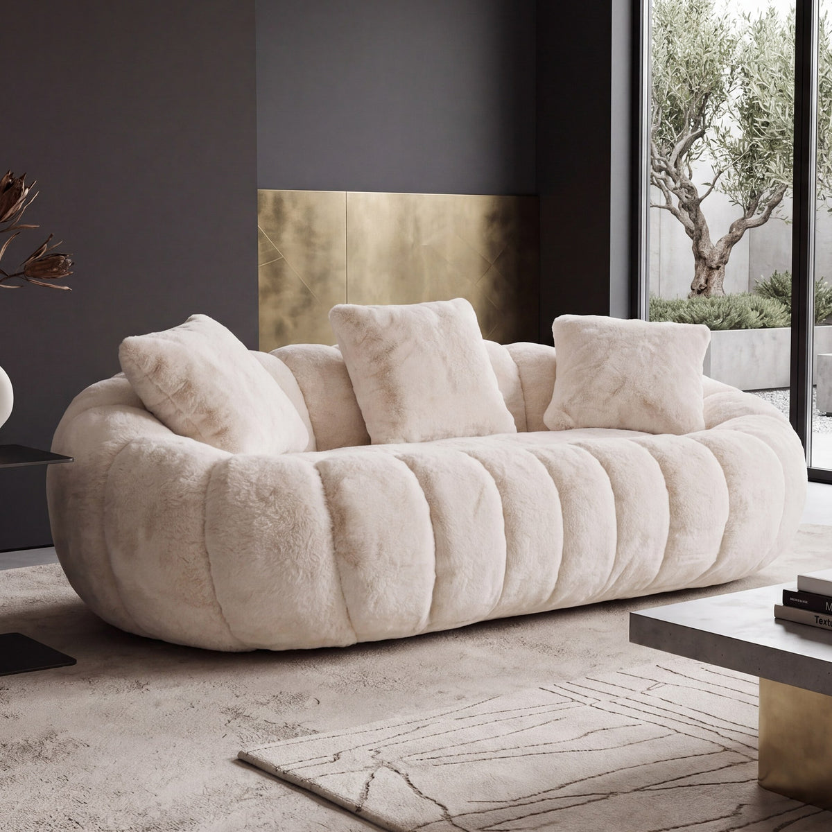 Faux Fur Boneless Loveseat — 2-Seat — Beige