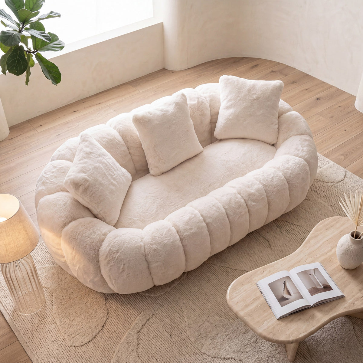 Faux Fur Boneless Loveseat — 2-Seat — Beige