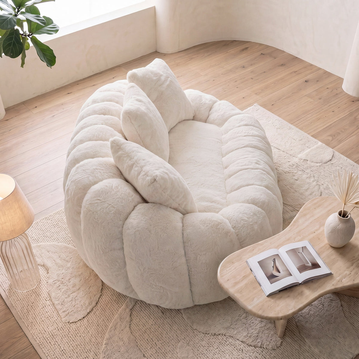 Faux Fur Boneless Loveseat — 2-Seat — Beige