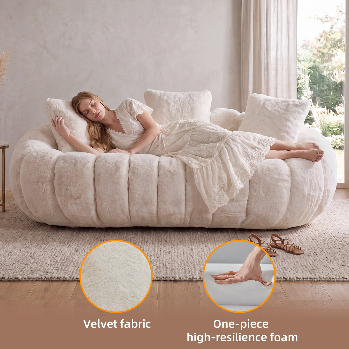Faux Fur Boneless Loveseat — 2-Seat — Beige