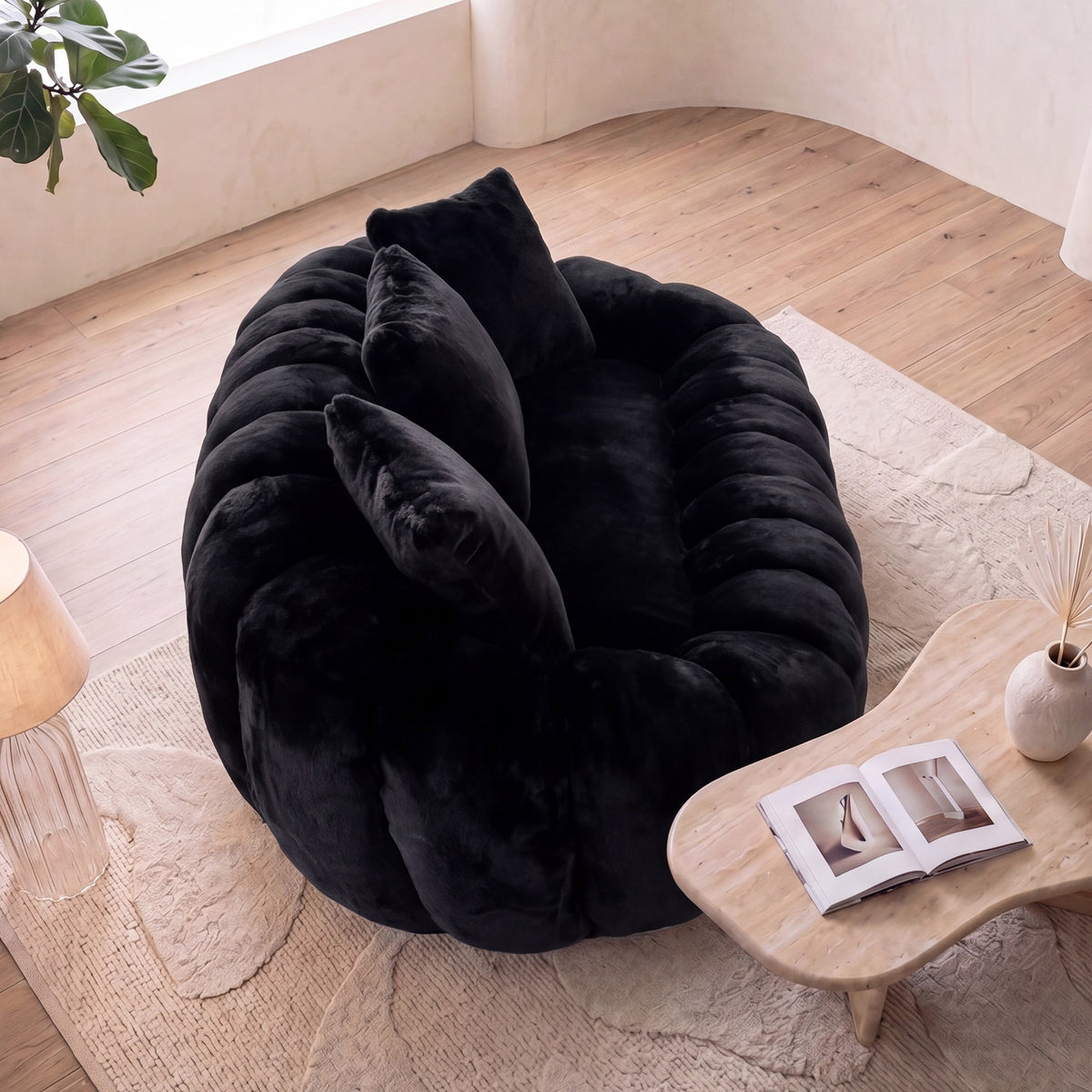Black faux fur boneless loveseat, side view — Black