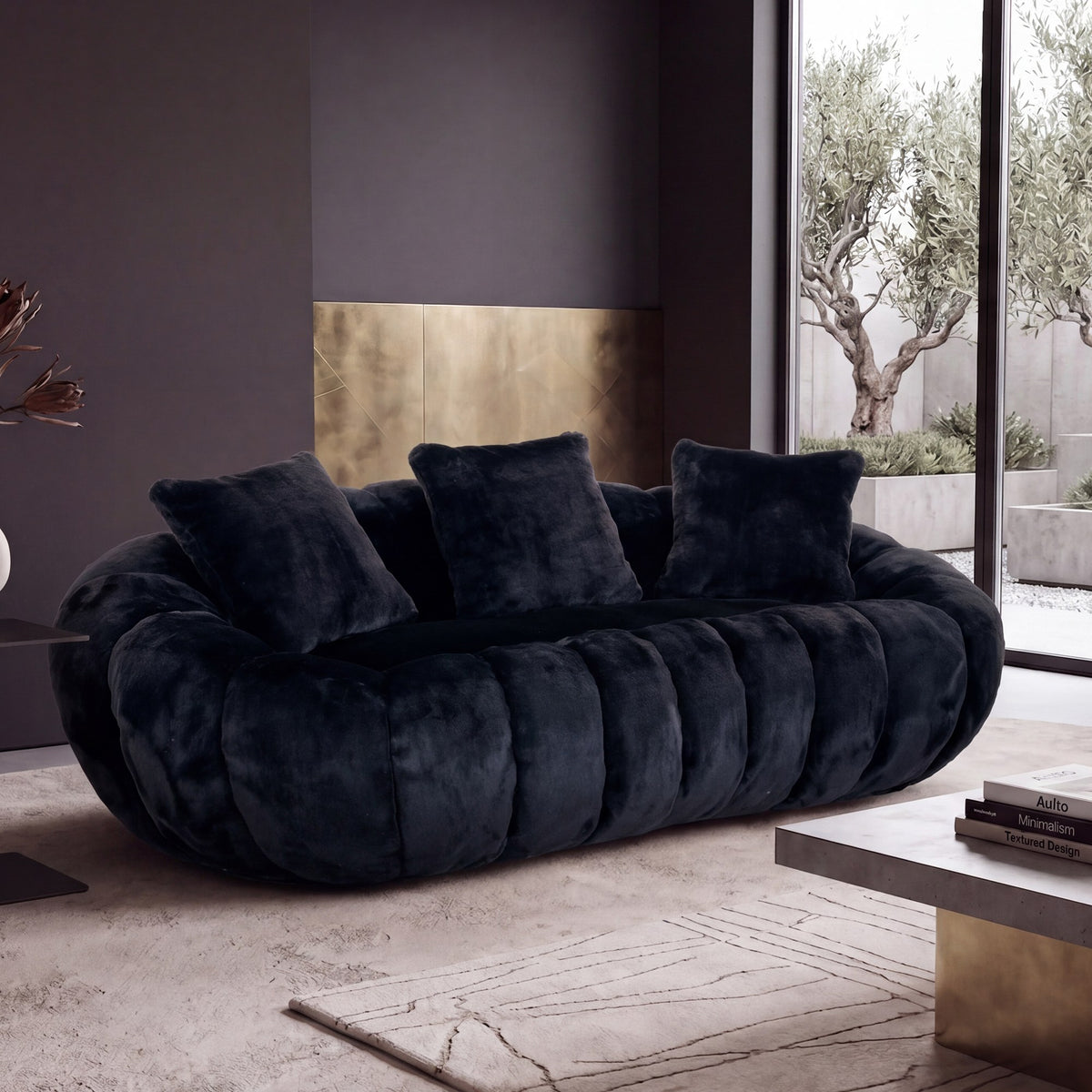 Black faux fur boneless loveseat, in a modern living room — Black