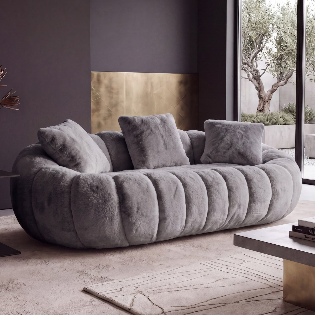 Grey faux fur boneless loveseat, angled view with throw pillows — Grey