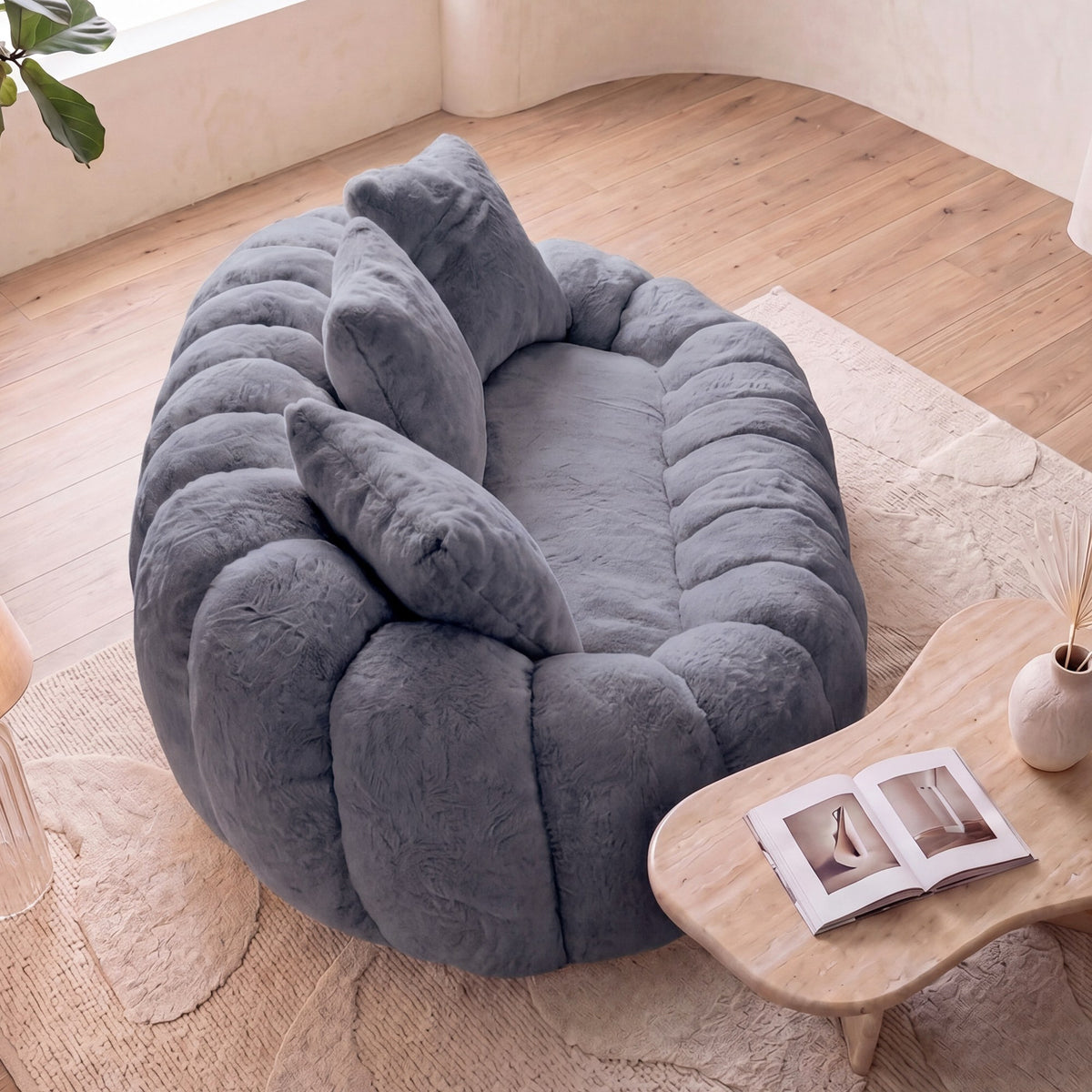 Grey faux fur boneless loveseat, side view — Grey
