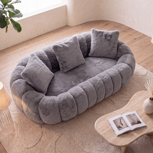 Grey faux fur boneless loveseat, in a modern living room — Grey