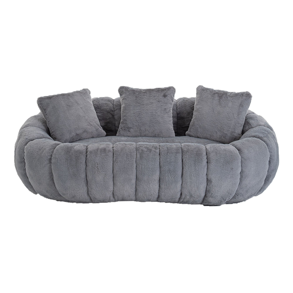 Grey faux fur boneless loveseat, front view on a white background — Grey