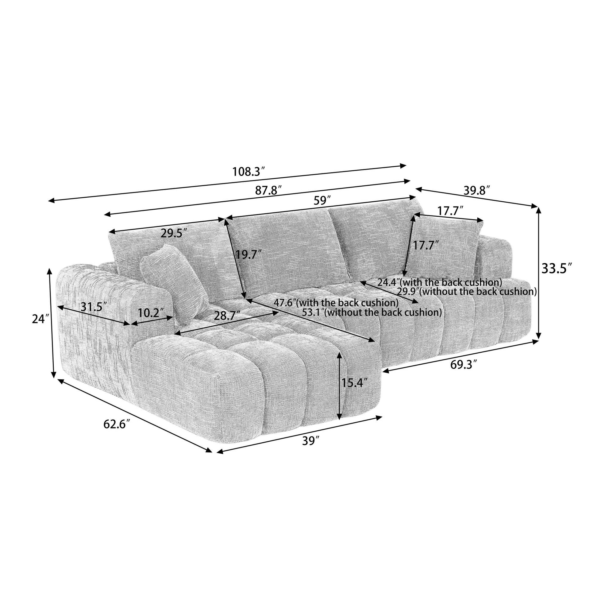 Chenille Spring-Core Compression Sectional — 4-Seat, 108"W — Brown / Left-Facing