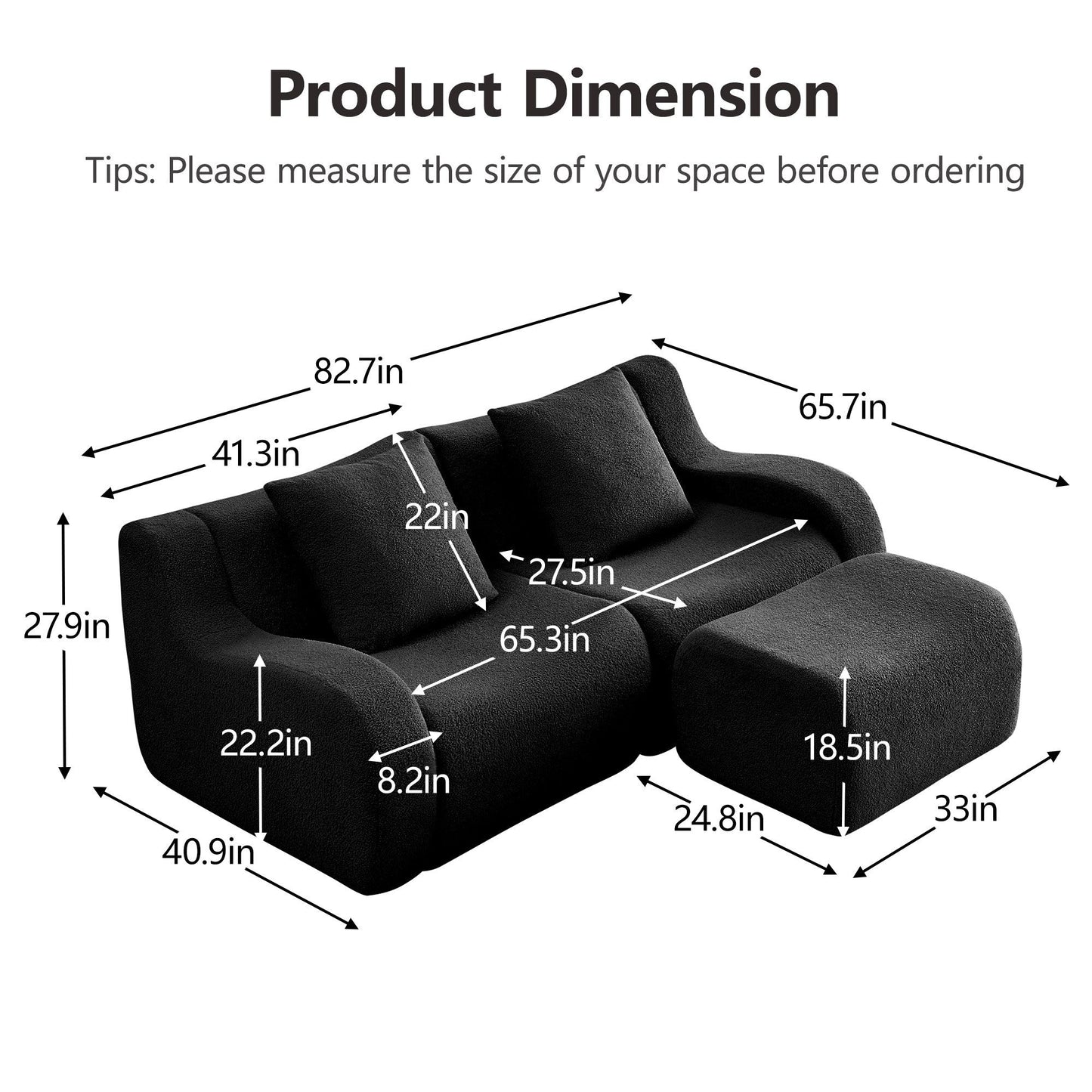 Product dimensions for the Black teddy fleece boneless sofa, 2-seat with one ottoman layout — Black / 2-Seat + 1 Ottoman