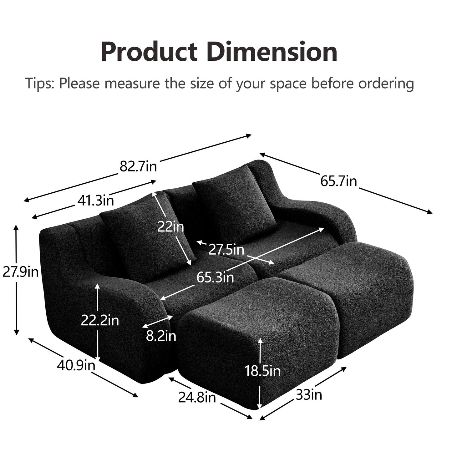 Product dimensions for the Black teddy fleece boneless sofa, 2-seat with two ottomans layout — Black / 2-Seat + 2 Ottomans