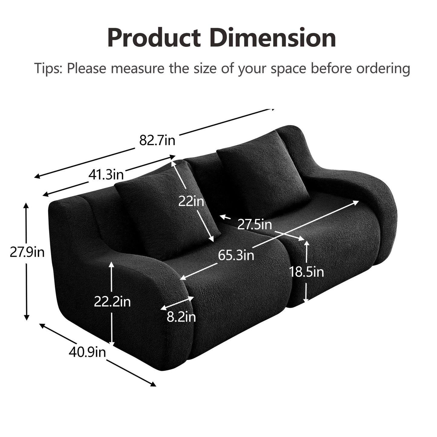 Product dimensions for the Black teddy fleece boneless sofa, 2-seat layout — Black / 2-Seat