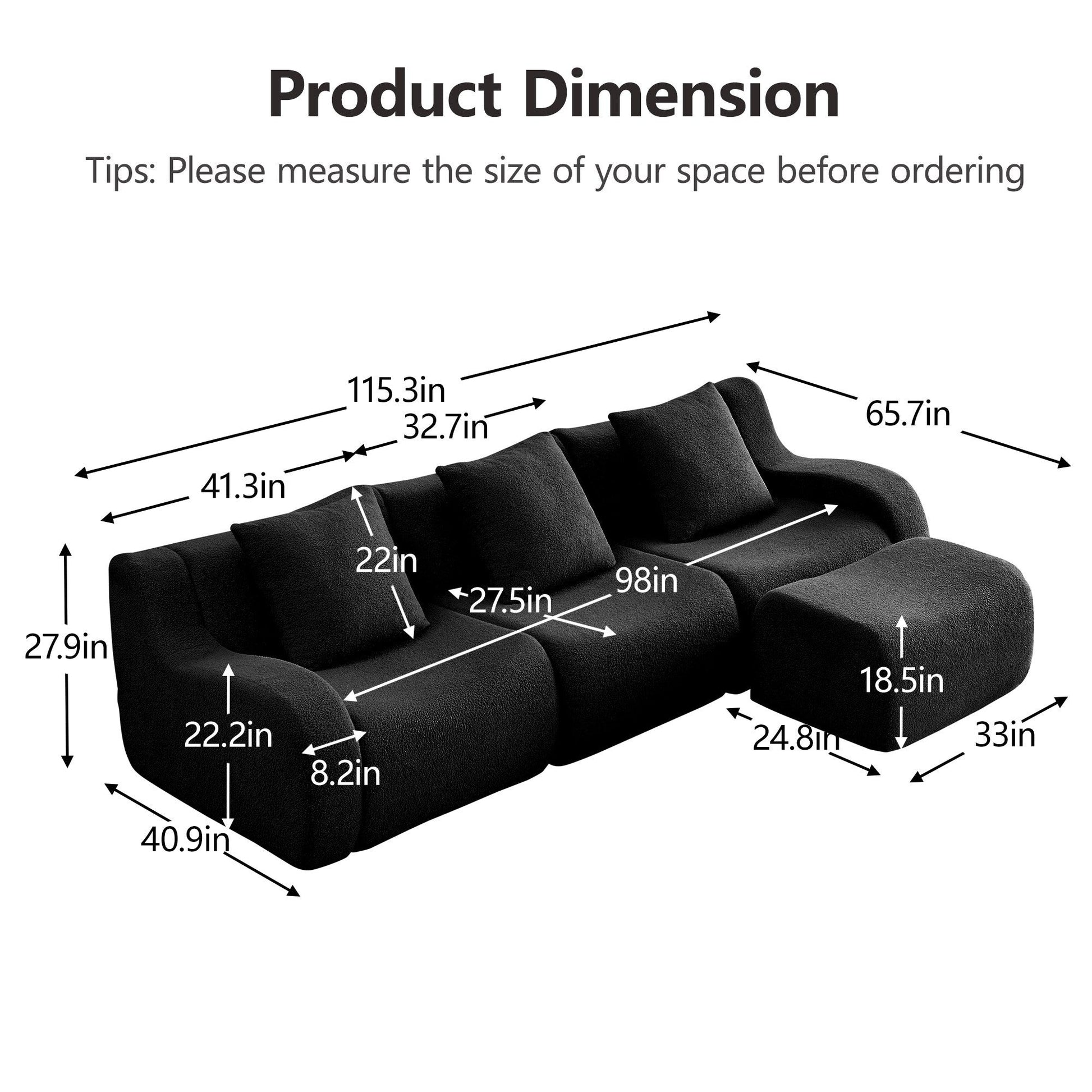 Product dimensions for the Black teddy fleece boneless sofa, 3-seat with one ottoman layout — Black / 3-Seat + 1 Ottoman