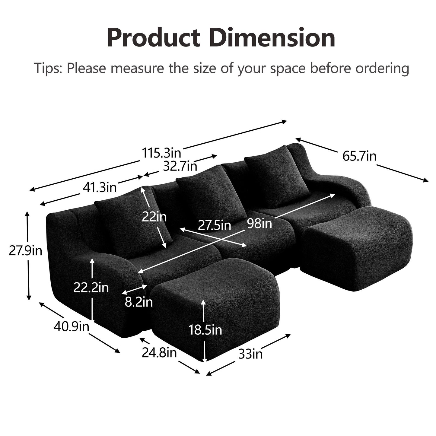 Product dimensions for the Black teddy fleece boneless sofa, 3-seat with two ottomans layout — Black / 3-Seat + 2 Ottomans